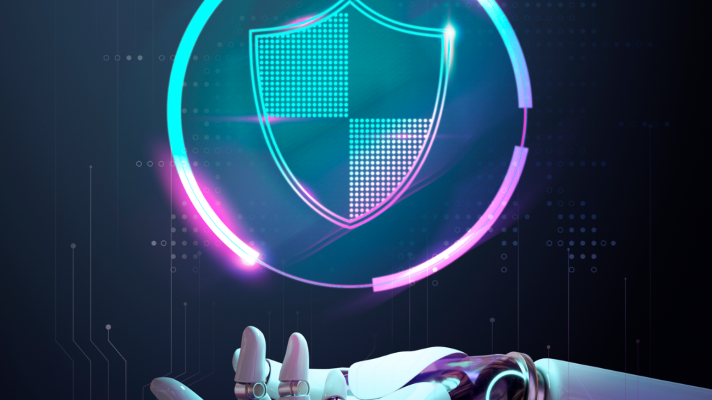 Escudo digital sobre una mano robótica: inteligencia artificial y seguridad