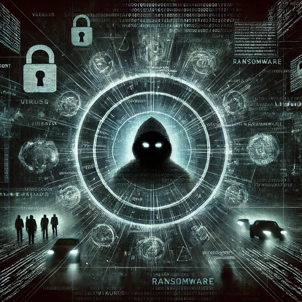 Figura encapuchada rodeada de iconos de candados: amenazas como el ransomware