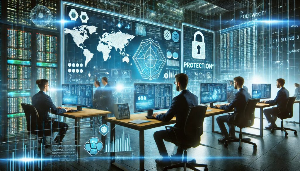 Centro de operaciones de seguridad con pantallas y mapa mundial