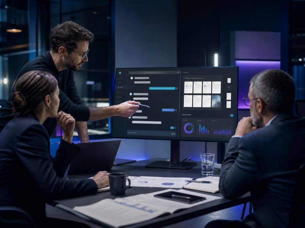 Reunión de trabajo con un cliente frente a una pantalla de datos